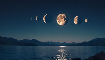 Moon phases creating celestial alignment over lake at twilight. Moon phases illuminate night sky above calm water, with distant mountains in silhouette, creating serene ambiance.