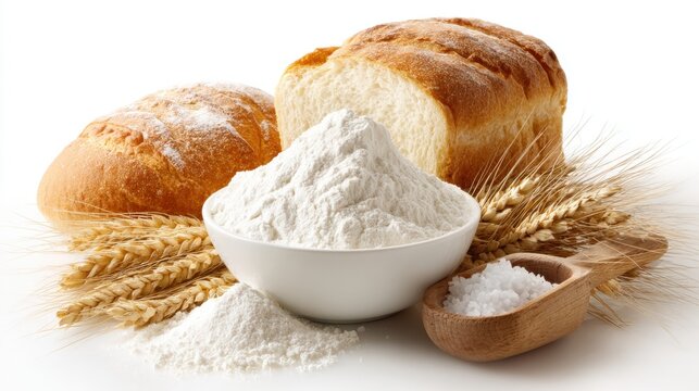Fresh baked bread loaves with wheat flour and grain on white background showcasing artisan bakery products and natural ingredients for baking concept