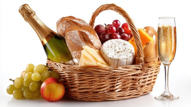 Gourmet picnic basket with champagne bread cheese grapes and fruits arranged elegantly for celebration luxury dining and special occasion concept