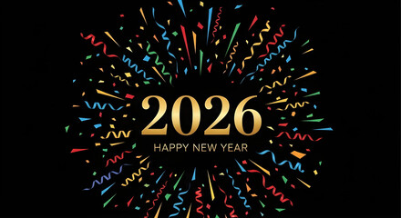 Golden 2026 with colorful confetti explosion on black background