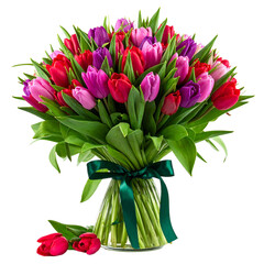 Vibrant Tulip Bouquet: A captivating display of multi-colored tulips blooms in full glory, elegantly arranged in a transparent vase, radiating freshness and beauty.