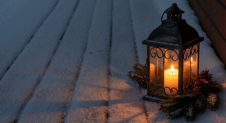 A Christmas lantern with a burning candle on a snowy wooden deck at night. Cozy winter scene with festive holiday decorations. New Year background with copy space for text