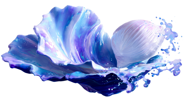 Liquid forms with iridescent purple and blue hues