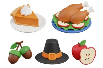 Thanksgiving Food  Symbols Pumpkin Pie, Turkey, Acorns, Pilgrim Hat, Apple