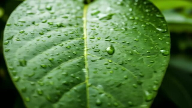 Close up of a wet, large green leaf with a prominent vein and water droplets