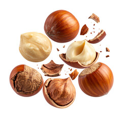 Hazelnut Explosion: A dynamic display of fresh hazelnuts, both whole and cracked, bursts forth, revealing their creamy interiors and textured shells.