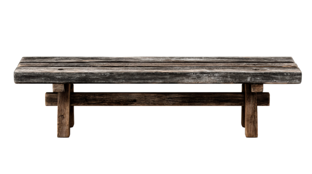 Rustic wooden outdoor bench on white background