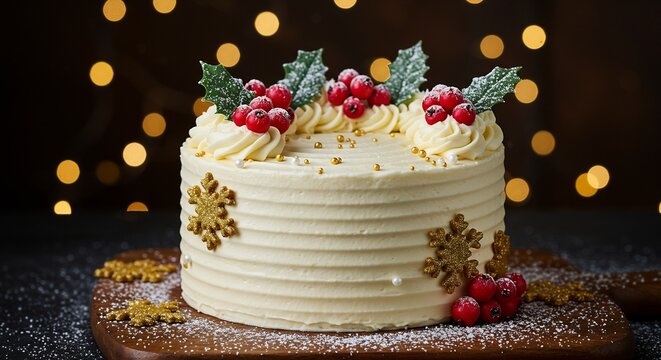 Elegant holiday cake with buttercream frosting, holly, and gold snowflakes in moody lighting with bokeh background