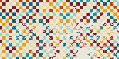 Colorful checkerboard pattern with distressed vintage texture, perfect for retro design, geometric projects, textiles, and decorative backgrounds.Eps10