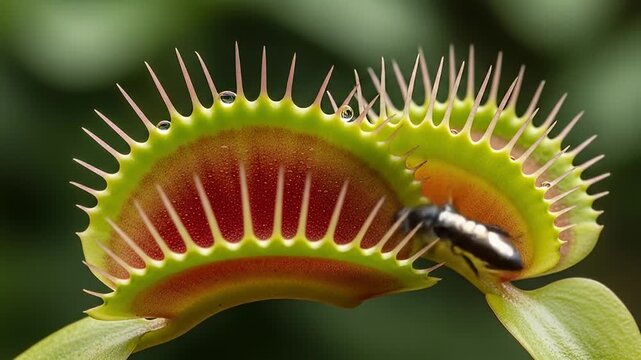 Close-up of a Venus flytrap with an insect inside and water droplets on its edges