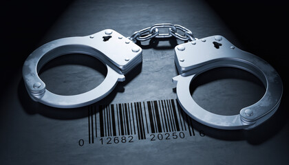 Conceptual Image of Handcuffs Casting Shadow Shaped Like a Barcode Against a Dark Monochromatic Surface