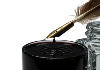 Extreme macro, low-angle vintage quill pen, brass nib in glass inkwell, poised black ink drop, ripples, dramatic chiaroscuro on transparent studio. Concept of writing elegance