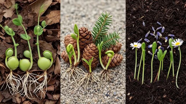 Triptych showcasing plant germination and roots against natural backgrounds