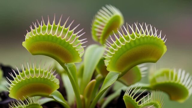 Close-up of a vibrant, green Venus flytrap plant with sharp, tooth-like structures