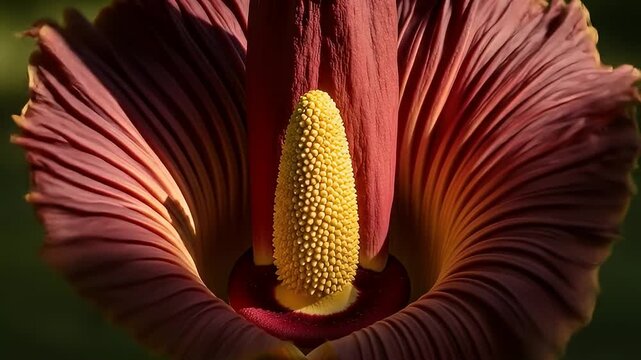 Close-up of a large, unusual flower with reddish petals and yellow cone-shaped center