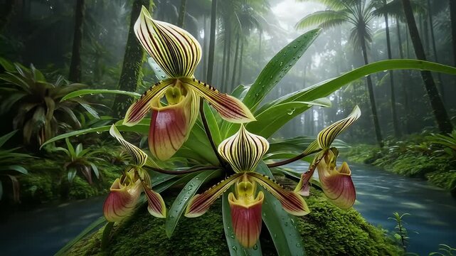 Unique orchids in a lush, misty rainforest setting with a stream running through the scenery