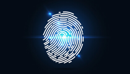 A bright, white digital fingerprint graphic glows intensely in the center of a dark blue-black background. The minimalist image symbolizes biometric security, identity protection, access control, and 