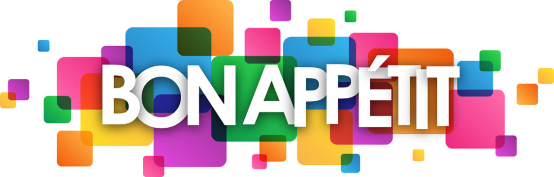 BON APPETIT white typography banner with colorful squares on transparent background