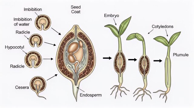 The diagram showcases plant germination, from seed imbibition to seedling with cotyledons