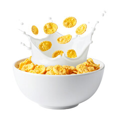 Breakfast Symphony: A captivating visual of golden cereal flakes in the air as they interact with the flowing splash of fresh, creamy milk, all within a pristine white bowl.