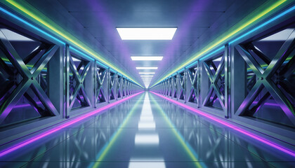 A long, empty prison corridor is rendered in a futuristic style with metal structures and a highly reflective floor. Neon lights in purple, blue, and green create a vibrant glow, symbolizing confineme