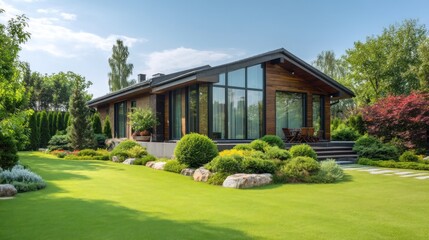 Fototapeta premium Modern house with a beautiful green lawn and landscaping