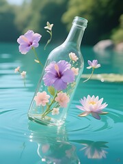 A glass bottle floating on calm teal water, with pastel flowers blooming inside
