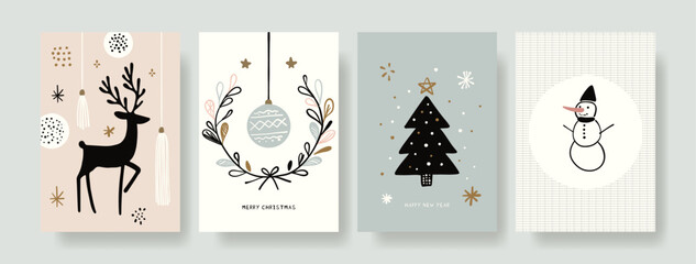 Scandinavian Christmas card set with minimalist line art reindeer, snowman, tree, and ornament. Modern Nordic holiday design in beige and green. Clean winter vector illustration © Tasha