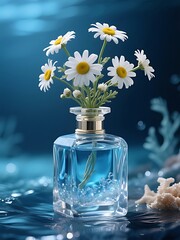 A crystal perfume bottle filled with shimmering blue liquid