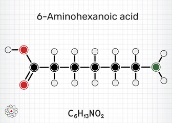 6-Aminohexanoic acid, aminocaproic acid, EACA molecule. Antifibrinolytic drug and lysine analog. Sheet of paper in a cage. Vector illustration