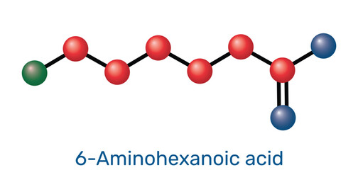 6-Aminohexanoic acid, aminocaproic acid, EACA molecule. Antifibrinolytic drug and lysine analog. Molecular model. Vector Illustration