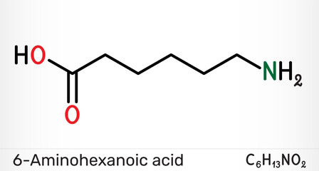 6-Aminohexanoic acid, aminocaproic acid, EACA molecule. Antifibrinolytic drug and lysine analog. Chemical structure. Vector illustration