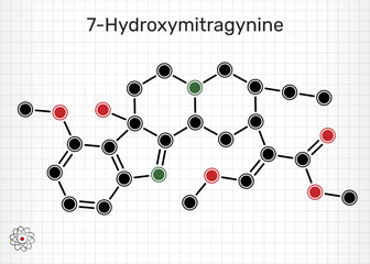 7-Hydroxymitragynine indole alkaloid from kratom. Sheet of paper in a cage. Chemical structure. Vector illustration