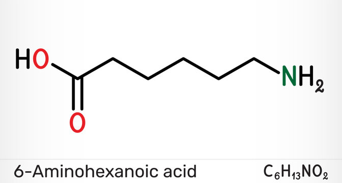 6-Aminohexanoic acid, aminocaproic acid, EACA molecule. Antifibrinolytic drug and lysine analog. Chemical structure. Vector illustration