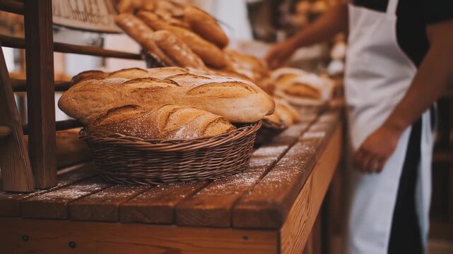 Freshly baked loaves of bread in wicker baskets on a wooden counter. A person in a white apron is tending to the display