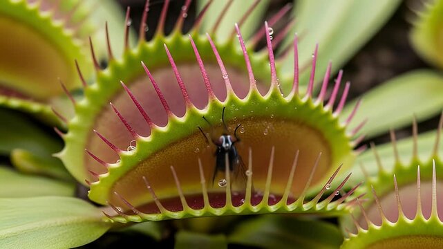 Macro shot of a Venus flytrap with a fly inside, with water droplets