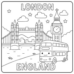 Naklejka premium Coloring page of london featuring tower bridge big ben and a double decker bus cartoon