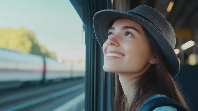 Smiling woman waiting at train station with commuter train in background. Hands on her face looking at future journey.
