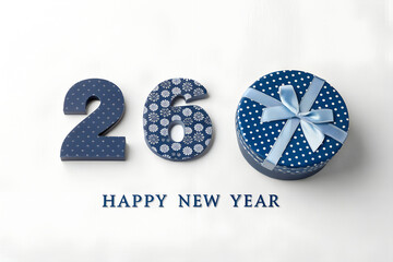 Happy New Year 2020 greeting with decorative blue and white polka dot numerals, gift box bow, and festive typography creating cheerful celebratory design generative ai