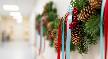 Festive holiday decorations on a wall in a corridor. Christmas garland with pinecones and colorful ribbons for the New Year season