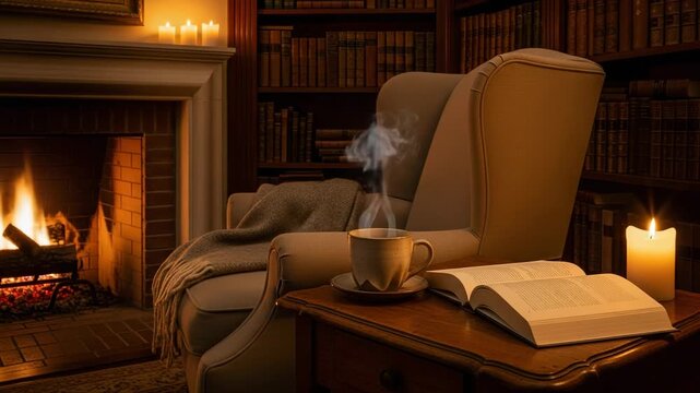 Cozy library corner with classic wingback chair, steaming tea cup, open book, warm fireplace, and candles creating perfect reading nook atmosphere at home

