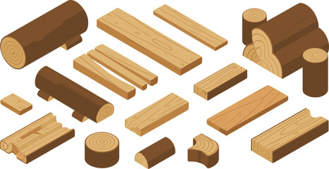 Isometric illustration of various wooden planks and logs in different shapes and sizes, lumber material collection for woodworking design