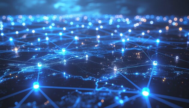 Digital marketing background with glowing network connections, data lines, and abstract icons