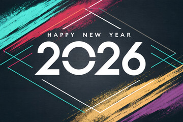 Happy New Year 2026 greeting in bold white typography with dynamic teal, red, yellow, and purple brush strokes framed by geometric diamond lines for festive design generative ai