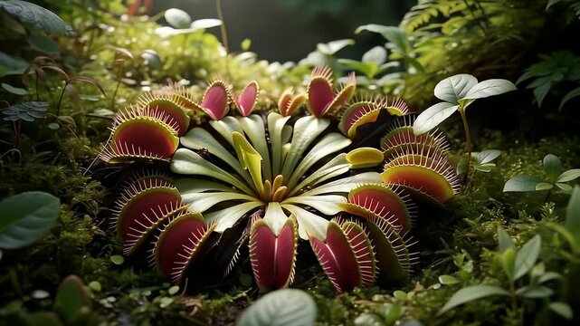 Close-up view of carnivorous Venus flytrap plant with red traps and green foliage