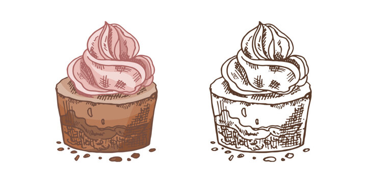 Tasty Creamy Sweet Dessert. Vintage Vector Monochrome Illustration. Hand drawn sketch of Delicious Cup cake With cream top.  Design Gastronomy Product element. - Powered by Adobe