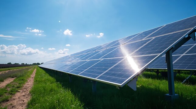 solar farm under a clear blue sky. The layout is horizontal, showcasing rows of solar panels extending into the distance. The panels are mounted on metal frames, angled to capture maximum sunlight