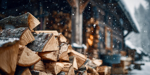 Preparing firewood for Christmas amid snowfall near a rustic log house