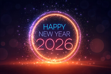 Happy New Year 2026 neon greeting with glowing blue and pink text, circular light ring, particles, and flares on dark background creating festive futuristic vibe generative ai
