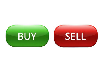 3D illustration of isolated buy and sell buttons on transparent background, which are financial transactions. 3D green buy button and red sell button